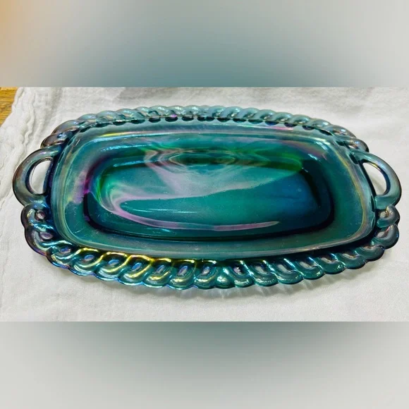 Vintage Indiana Glass blue carnival glass harvest grape cream & sugar on tray. - Picture 3 of 10